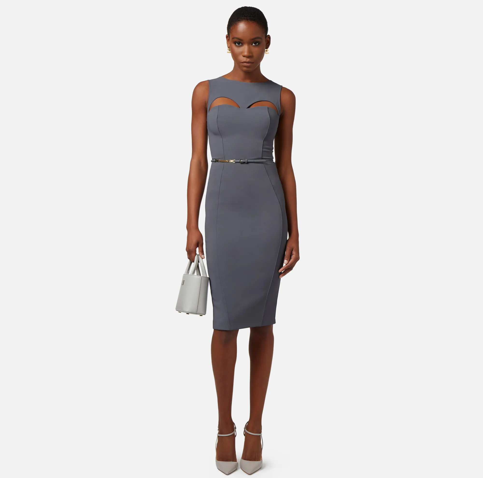 Elisabetta Franchi Abito Midi In Tessuto Tecnico Con Cintura E Cut Out^ Abiti