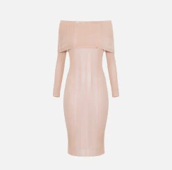 Elisabetta Franchi Abito Midi In Viscosa A Coste Con Maxi Collo^ Abiti