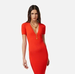 Elisabetta Franchi Abito Midi In Viscosa A Costine Con Collana^ Abiti