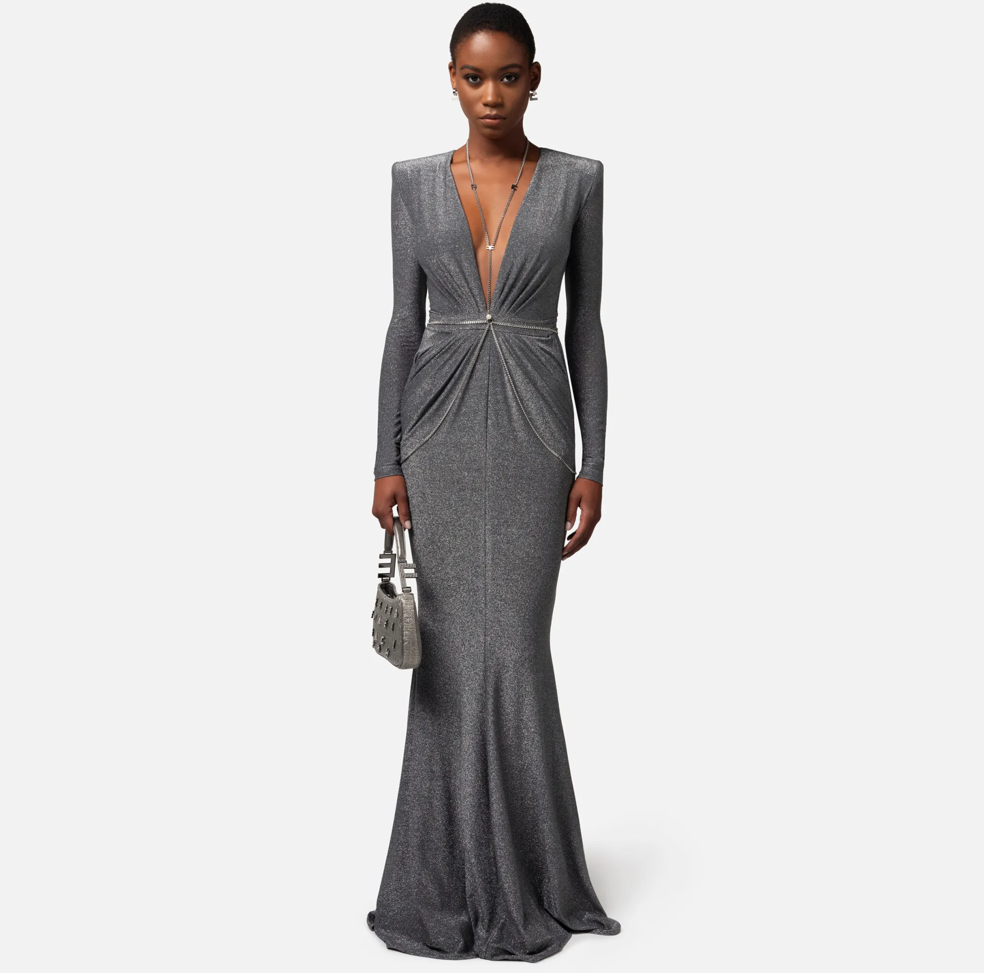 Elisabetta Franchi Abito Red Carpet In Jersey Lurex Con Body Chain^ Abiti