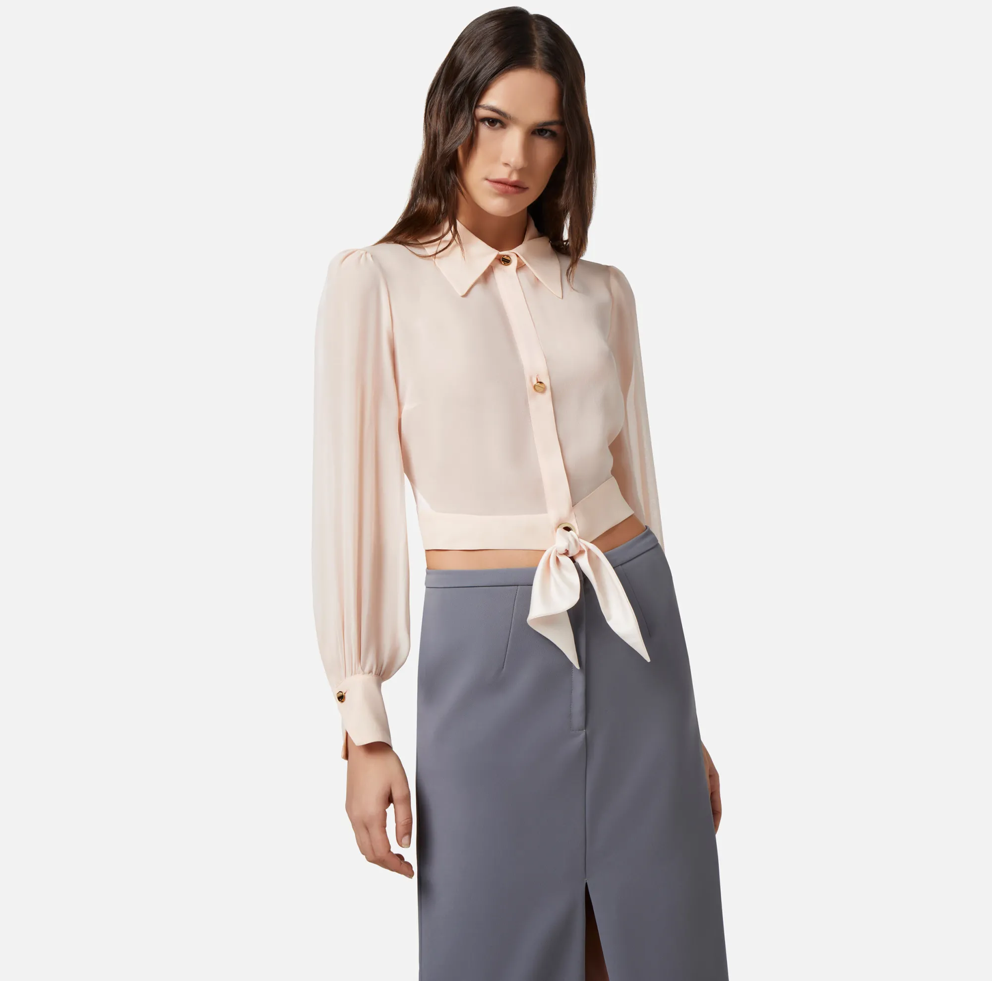 Elisabetta Franchi Camicia Cropped In Georgette Di Seta Con Nodo^ Camicie E Bluse