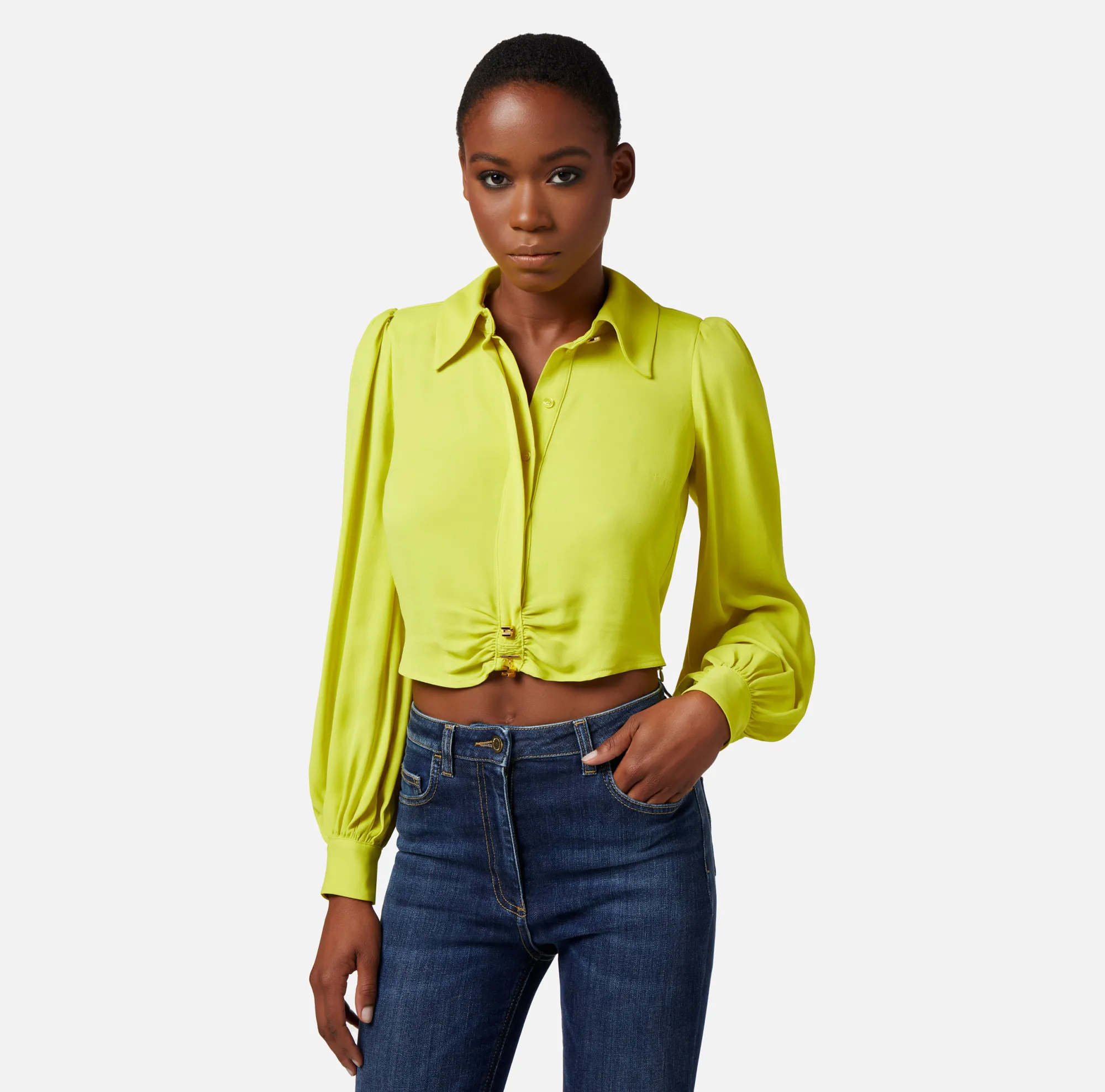 Elisabetta Franchi Camicia Cropped In Georgette Di Viscosa Con Arriccio^ Camicie E Bluse