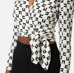 Elisabetta Franchi Camicia Cropped In Georgette Di Viscosa Stampa Logo Con Nodo^ Camicie E Bluse