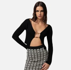 Elisabetta Franchi Cardigan In Viscosa A Coste Con Micro Morsetto^ Maglieria E Felpe