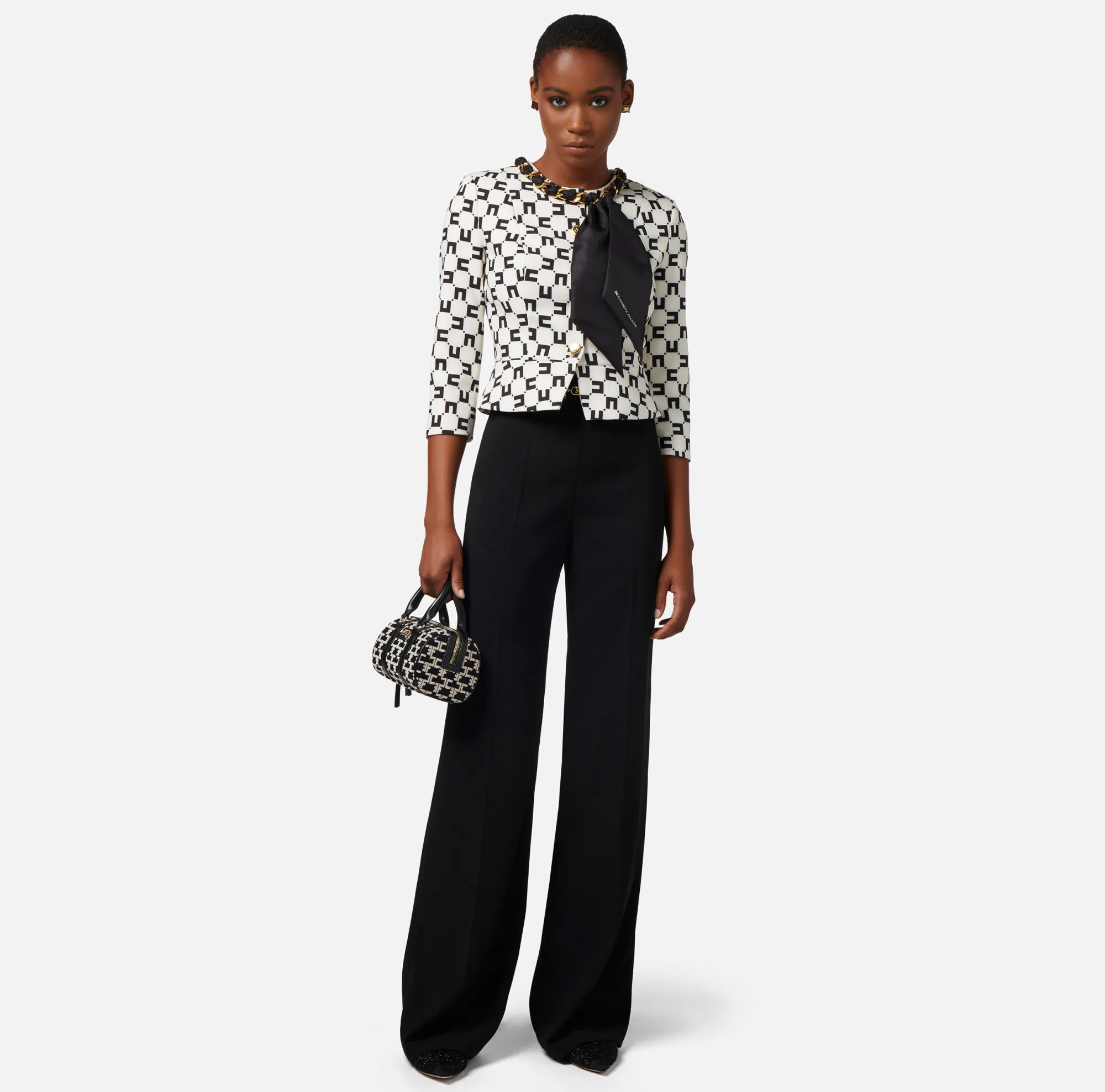 Elisabetta Franchi Giacca In Crepe Stampa Logo Con Catena Foulard^ Giacche & Trench