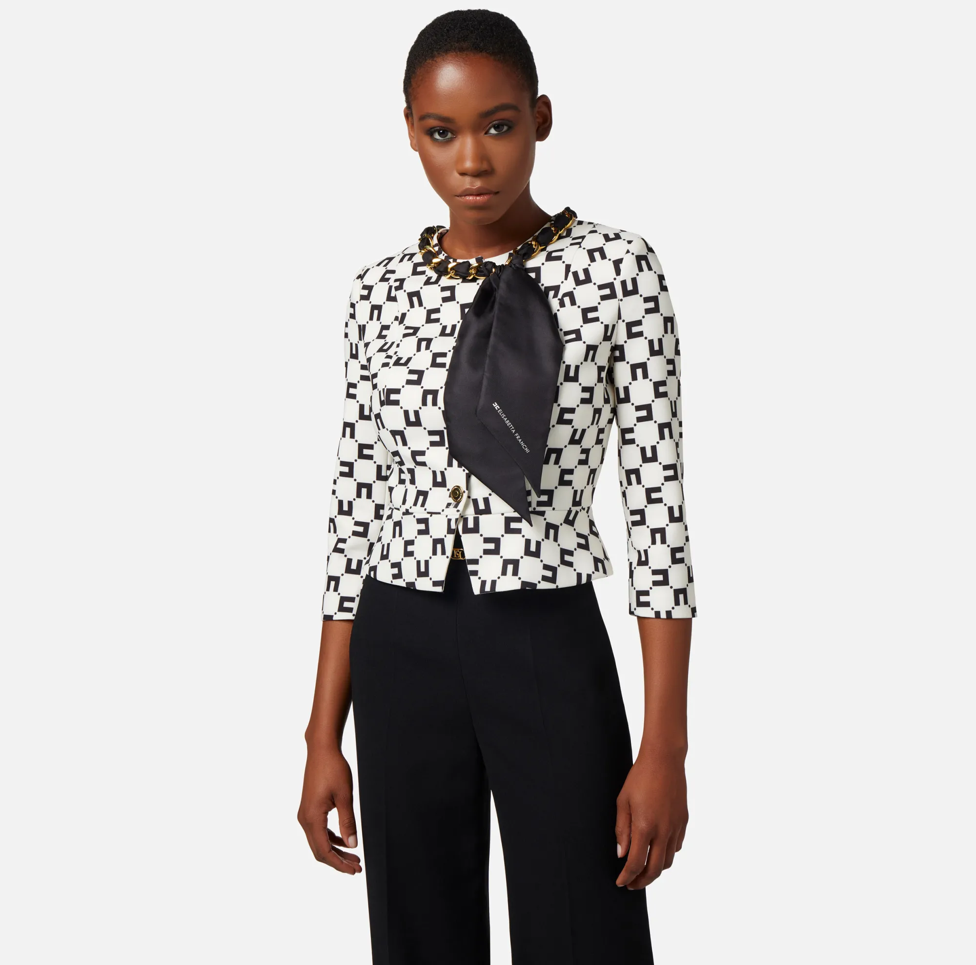 Elisabetta Franchi Giacca In Crepe Stampa Logo Con Catena Foulard^ Giacche & Trench
