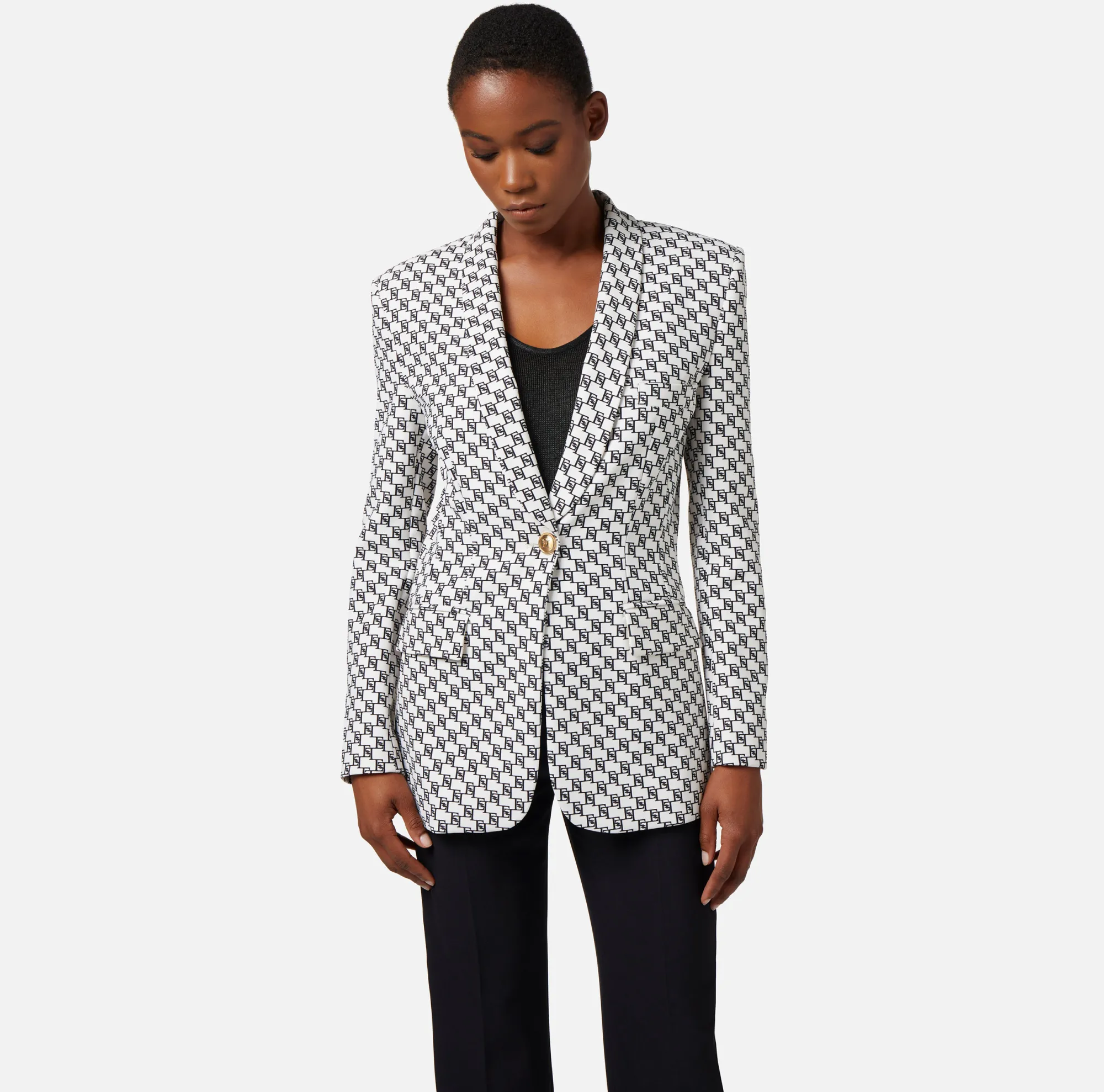 Elisabetta Franchi Giacca In Crepe Stampa Logo Con Rever Sciallato^ Giacche & Trench