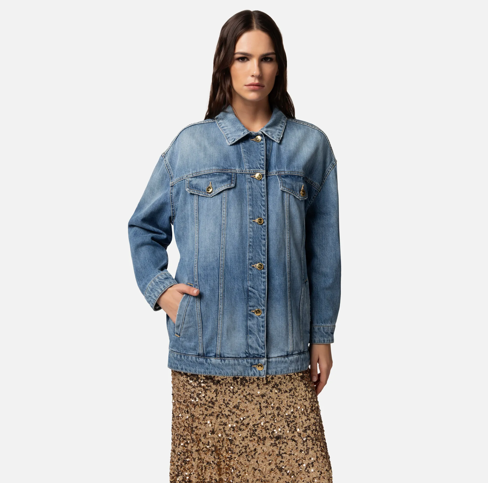 Elisabetta Franchi Giubbotto Over In Denim^ Giacche & Trench