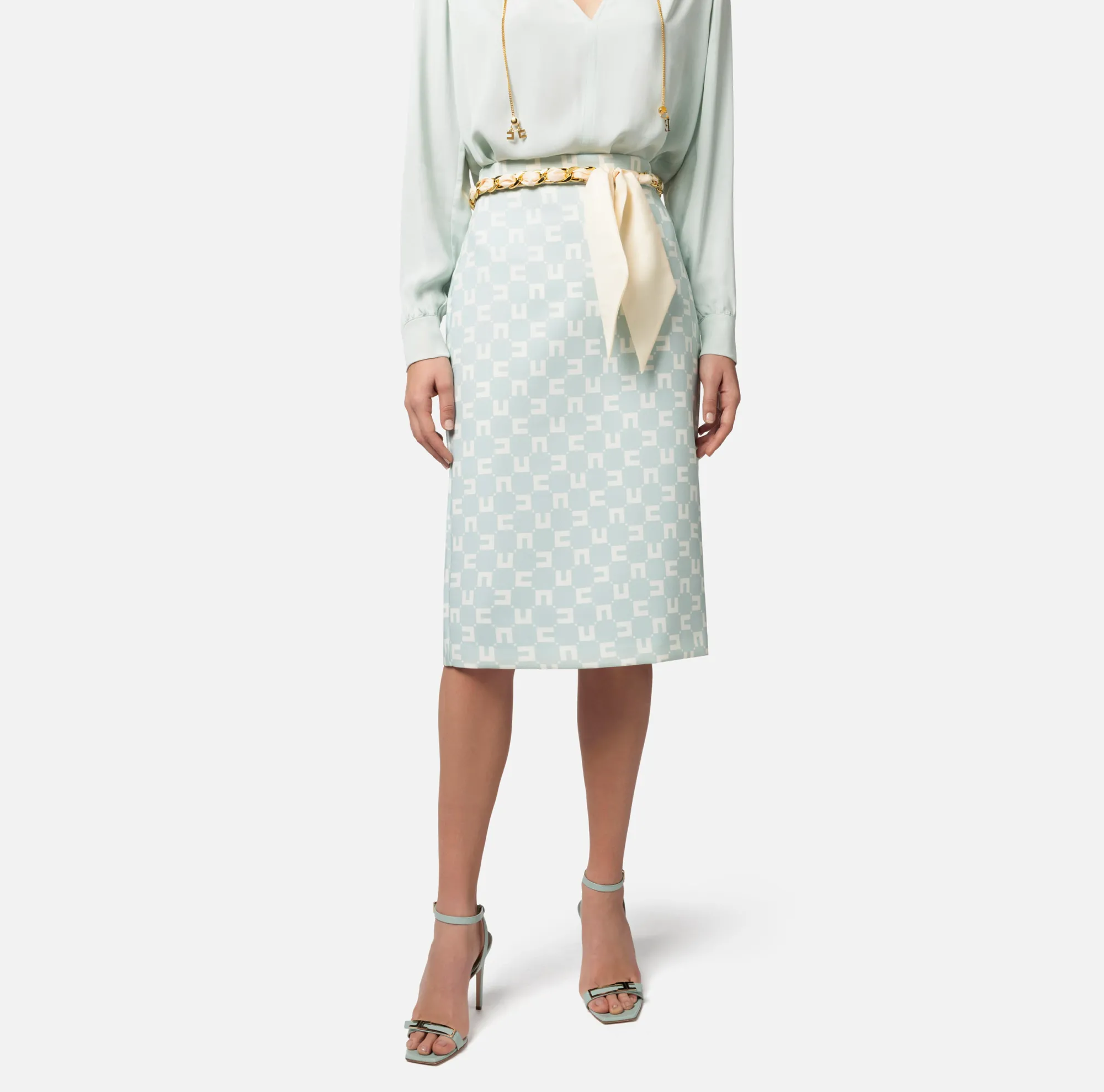 Elisabetta Franchi Gonna Midi In Crepe Stretch Stampa Logo Con Cintura Foulard^ Gonne