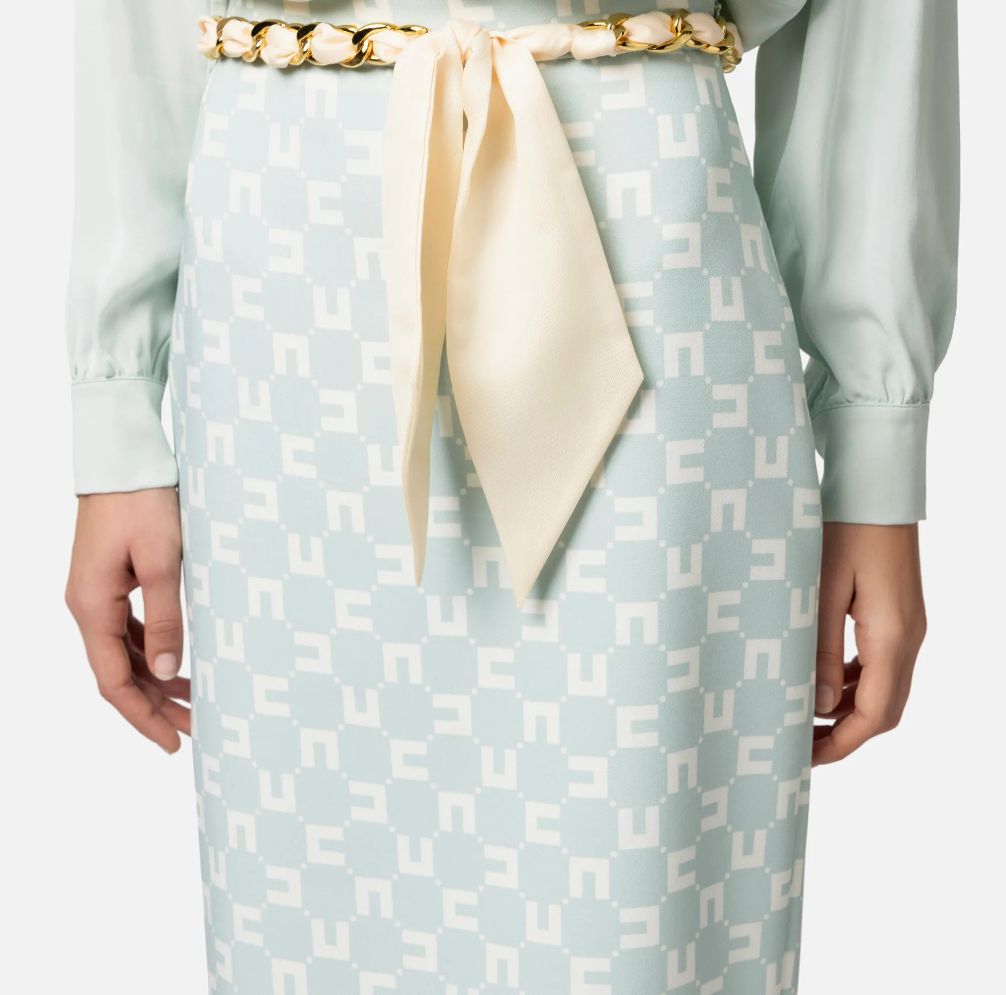 Elisabetta Franchi Gonna Midi In Crepe Stretch Stampa Logo Con Cintura Foulard^ Gonne