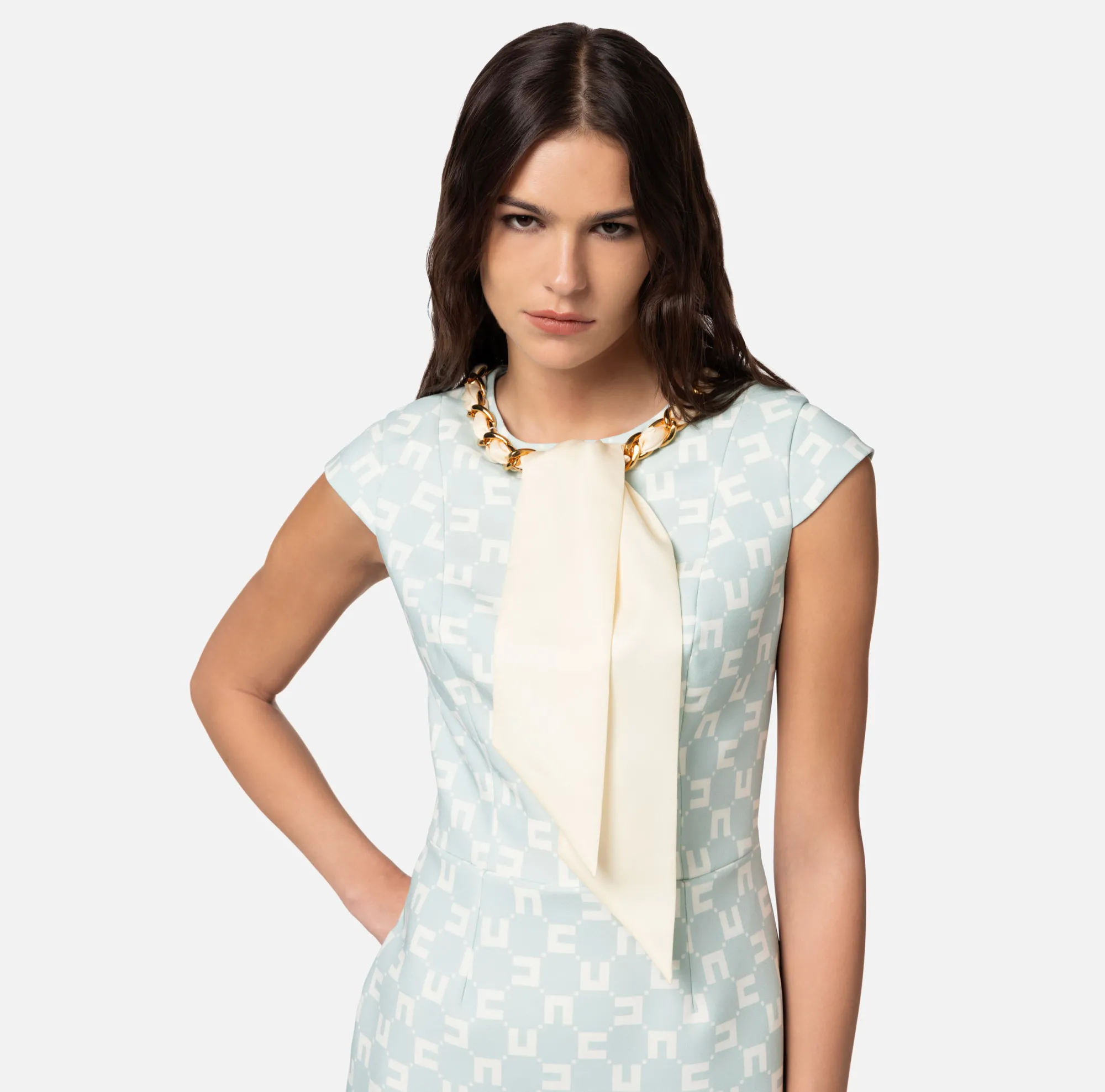 Elisabetta Franchi Miniabito In Crepe Stretch Stampa Logo Con Foulard Sullo Scollo^ Abiti
