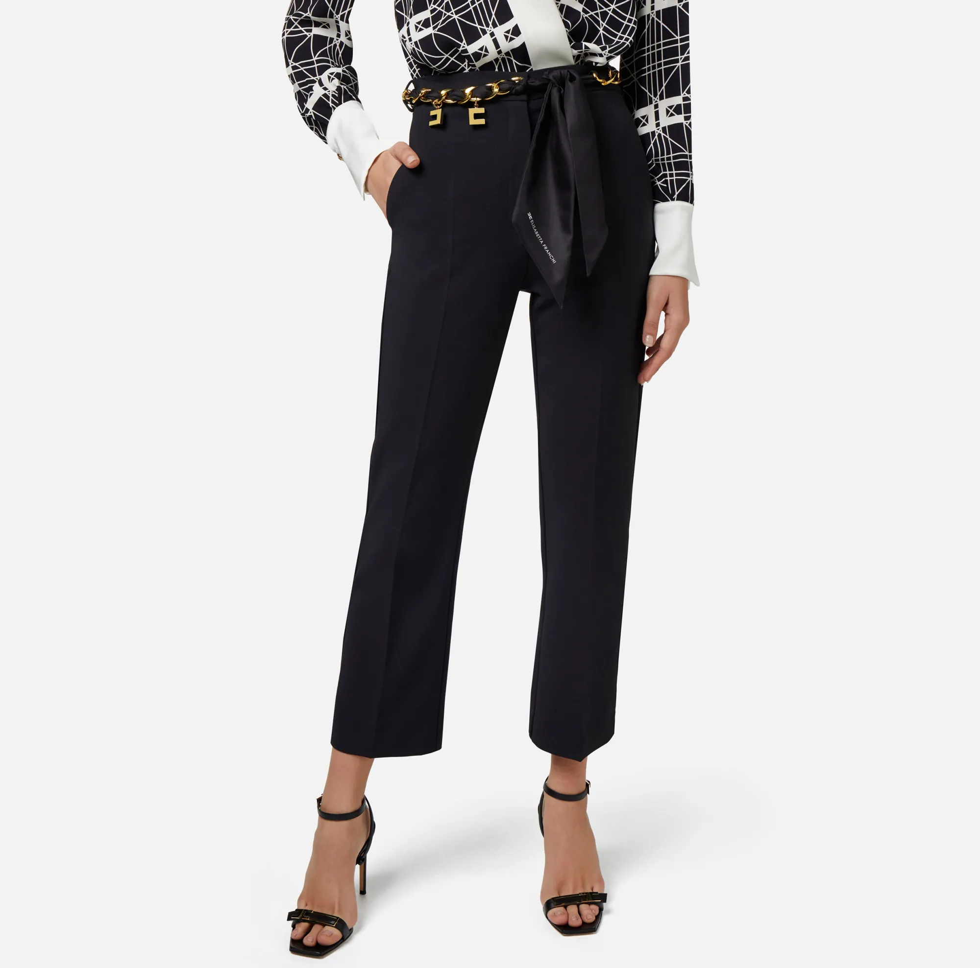 Elisabetta Franchi Pantalone A Zampetta In Crepe Stretch Con Cintura Foulard^ Pantaloni E Shorts