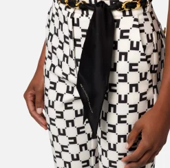 Elisabetta Franchi Pantalone A Zampetta In Crepe Stretch Stampa Logo Con Cintura Foulard^ Pantaloni E Shorts