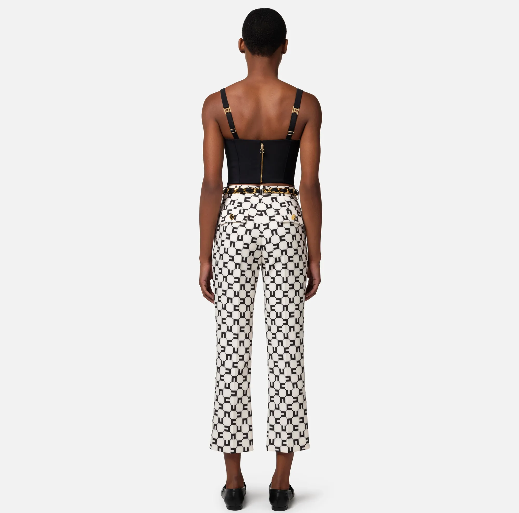 Elisabetta Franchi Pantalone A Zampetta In Crepe Stretch Stampa Logo Con Cintura Foulard^ Pantaloni E Shorts
