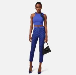 Elisabetta Franchi Pantalone Dritto In Crepe Stretch Stampa Logo^ Pantaloni E Shorts