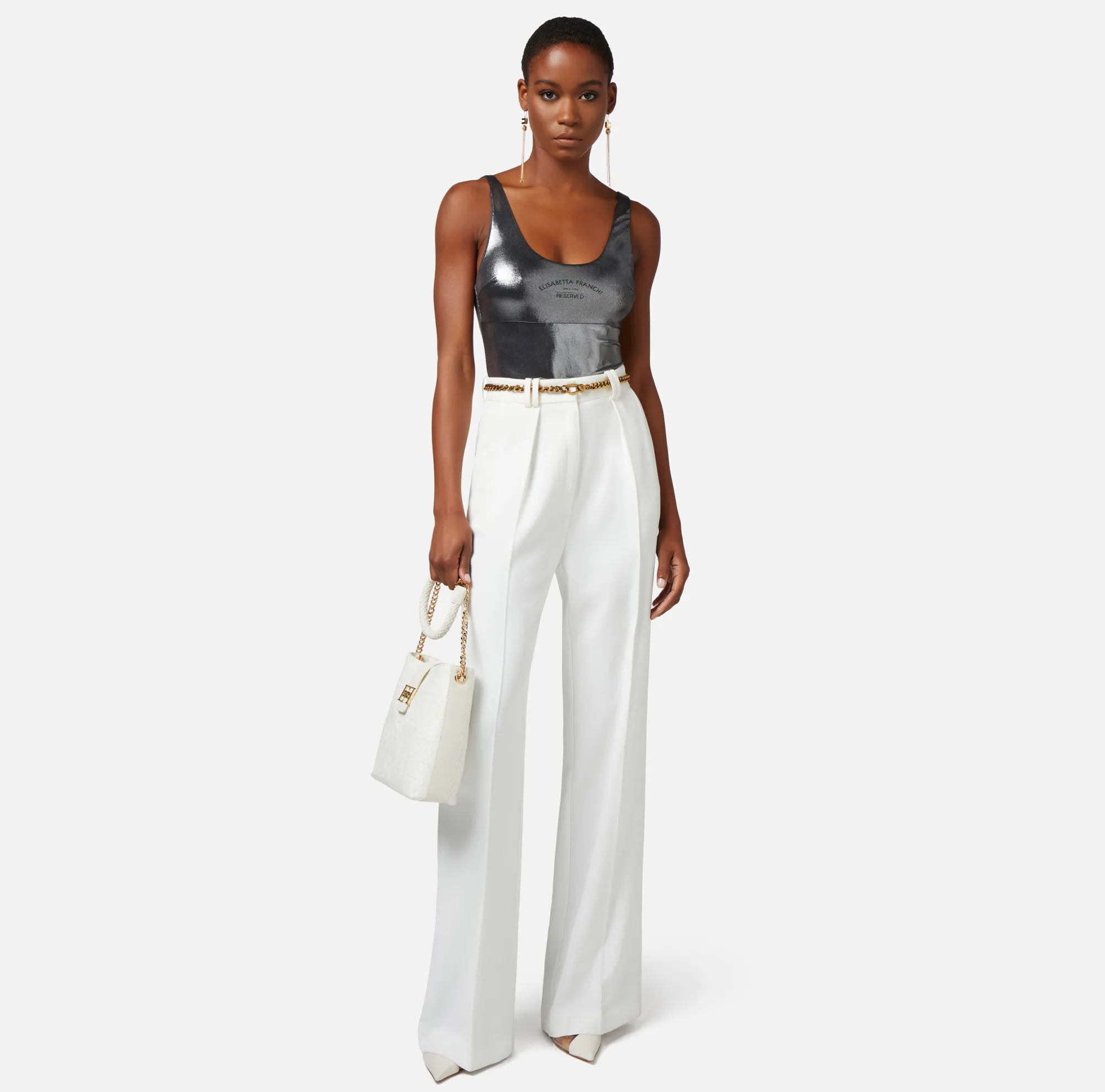 Elisabetta Franchi Pantalone Dritto In Viscosa Con Cintura^ Pantaloni E Shorts