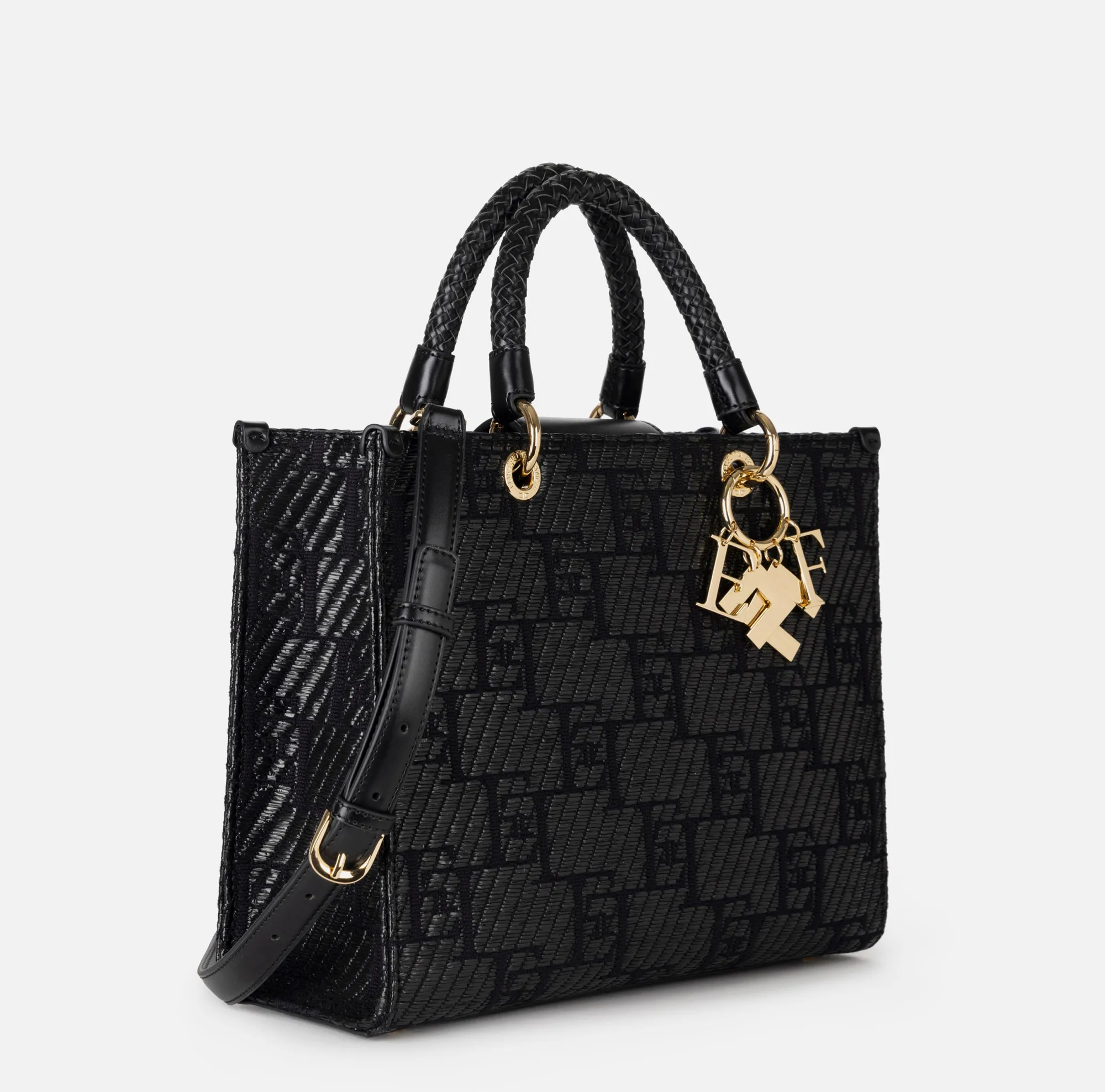 Elisabetta Franchi Shopper Media In Rafia Jacquard Con Charms^ Borse A Mano
