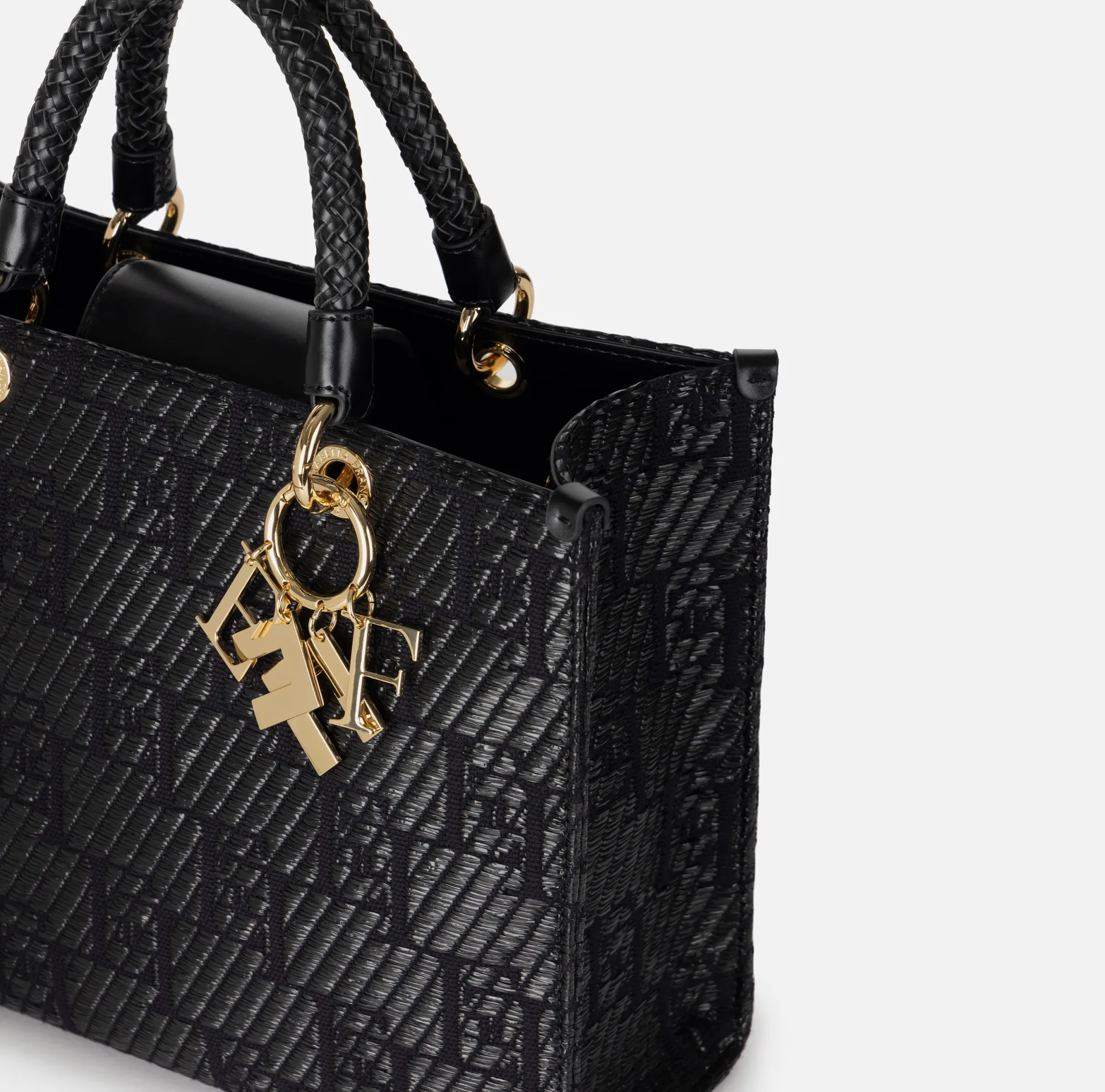 Elisabetta Franchi Shopper Media In Rafia Jacquard Con Charms^ Borse A Mano