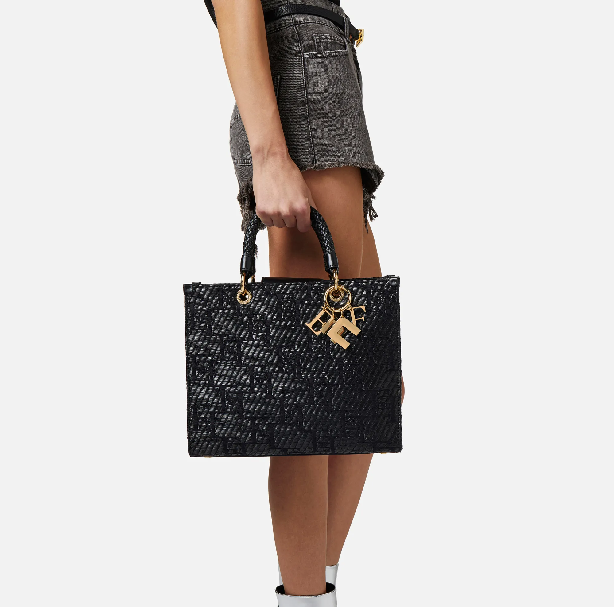 Elisabetta Franchi Shopper Media In Rafia Jacquard Con Charms^ Borse A Mano