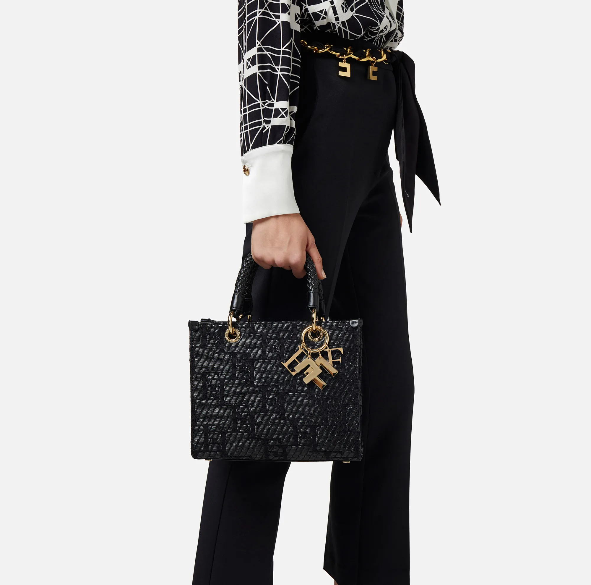 Elisabetta Franchi Shopper Piccola In Rafia Jacquard Con Charms^ Borse A Mano