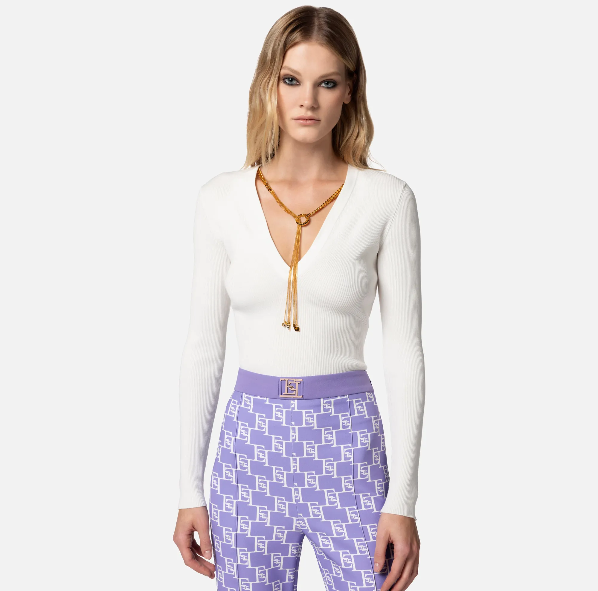 Elisabetta Franchi Top A Maniche Lunghe In Viscosa A Costine Con Collana^ Maglieria E Felpe
