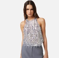 Elisabetta Franchi Top Cropped In Tulle Con Frange Di Perline E Paillettes^ Top, T-Shirt & Body