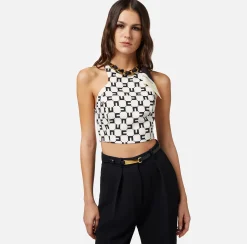 Elisabetta Franchi Top In Crepe Stretch Stampa Logo Con Catena Foulard^ Top, T-Shirt & Body