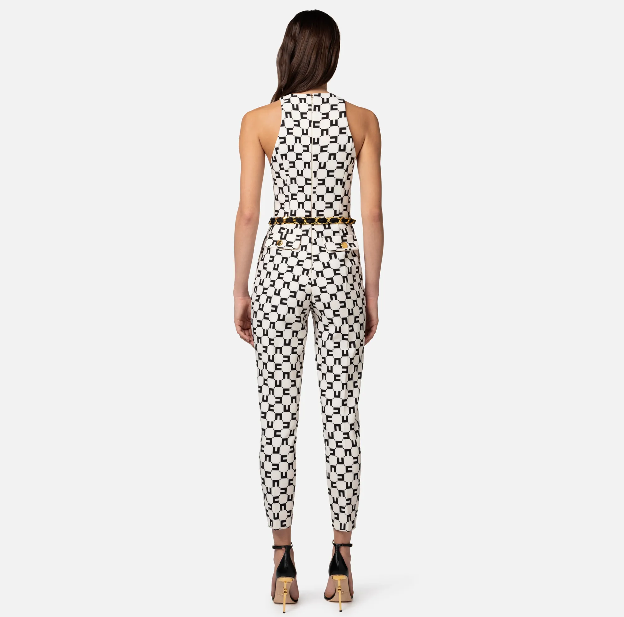 Elisabetta Franchi Tuta In Doppio Crepe Stampa Logo Con Cintura Catena^ Tute